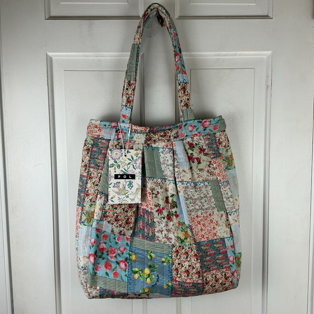 POL Quilted Floral Tote Bag Cottagecore Boho Shoulder Bag Zip Close Cottagecore